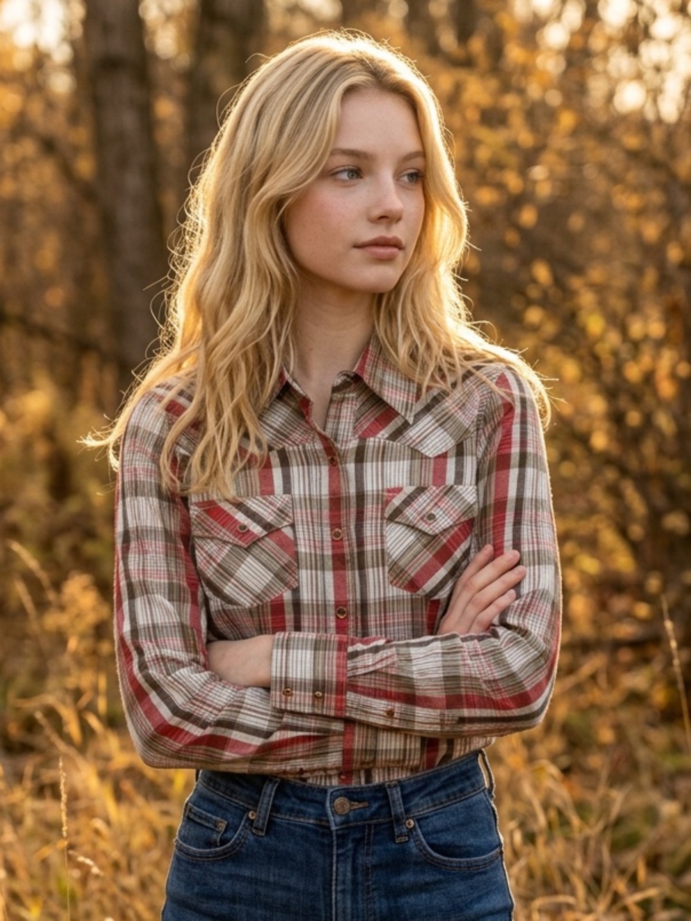 Lifestyle Plaid Western Shirt Red Brown Size Medium